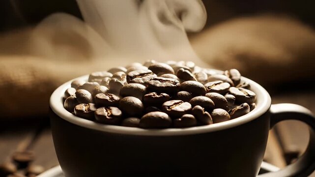 Steaming Coffee Beans in a Black Cup - A close-up shot of a black cup filled to the brim with roasted coffee beans, with steam rising from the freshly roasted coffee.