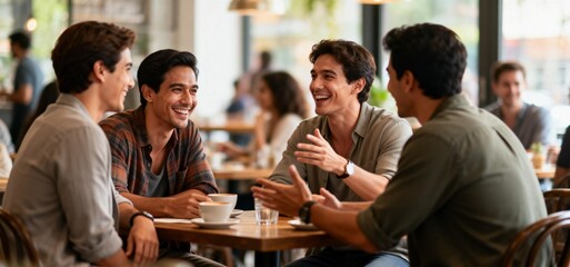 Fototapeta premium Group of Young Men Laughing in Café