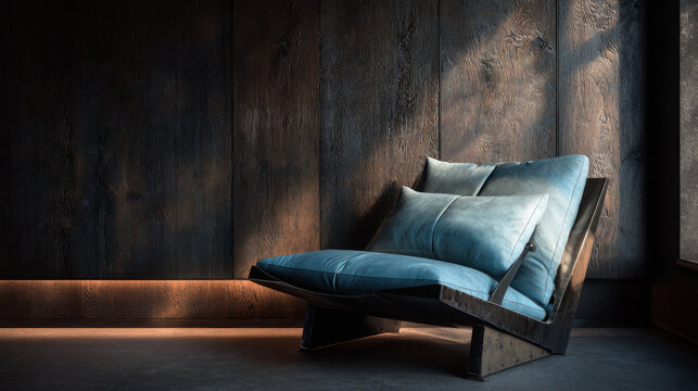 Brutalist lounge chair, pale blue leather cushions, raw steel structure, monolithic geometry