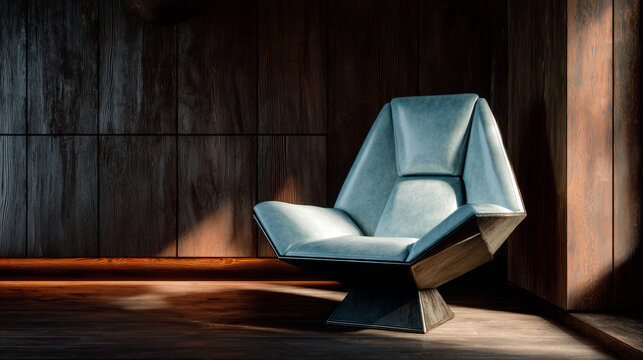 Brutalist lounge chair, pale blue leather cushions, raw steel structure, monolithic geometry