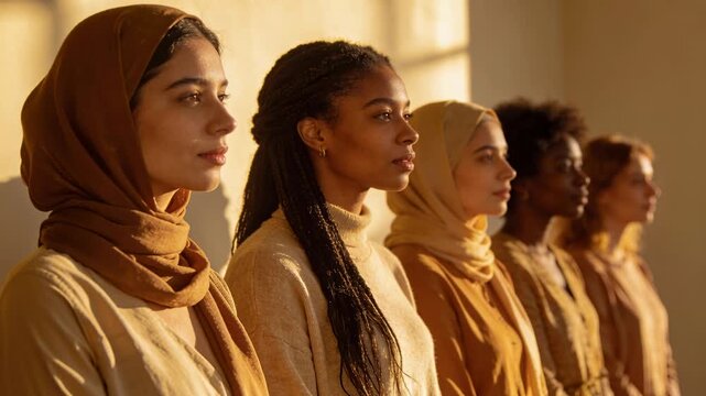 Diverse group of women standing in a line. Side profile portrait with golden hour light. Unity and empowerment concept