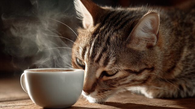 generate image of a cat drinking coffee