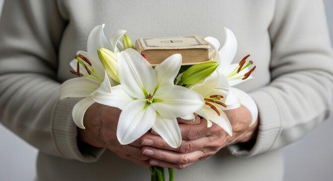 Feast of St. Anthony, Close-up of elderly hands holding a bunch of fresh white lilies and a small prayer book