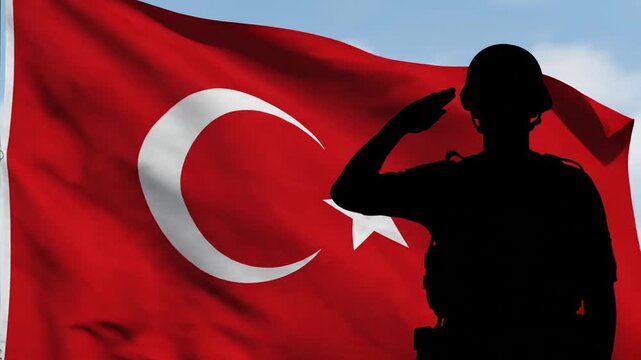 Soldier salutes Turkish flag.