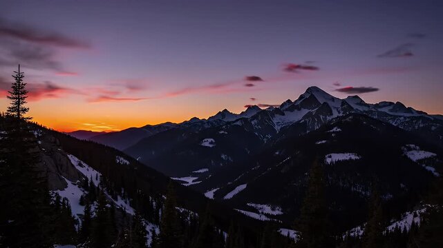 Sunset Over Snowy Mountains - A scenic view of a vivid sunset over snow-capped mountains. The sky is a gradient of orange, pink, and purple hues, creating a serene and dramatic atmosphere.