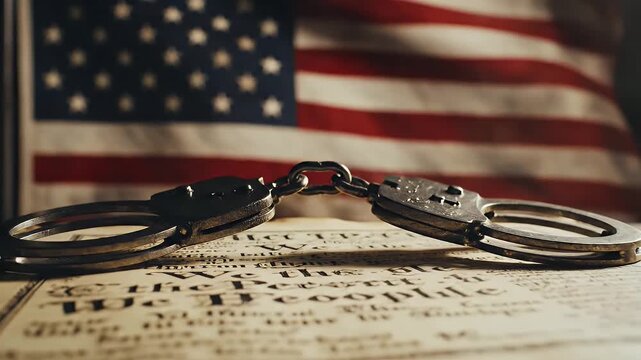 Handcuffs on US Constitution with American Flag - The video shows a pair of metal handcuffs resting on a copy of the US Constitution.