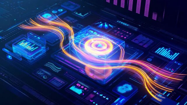 Abstract digital background showcasing futuristic data visualization with glowing neon lines, graphs, and virtual interfaces in vibrant blue and orange tones. Ideal for technology innovation concepts.