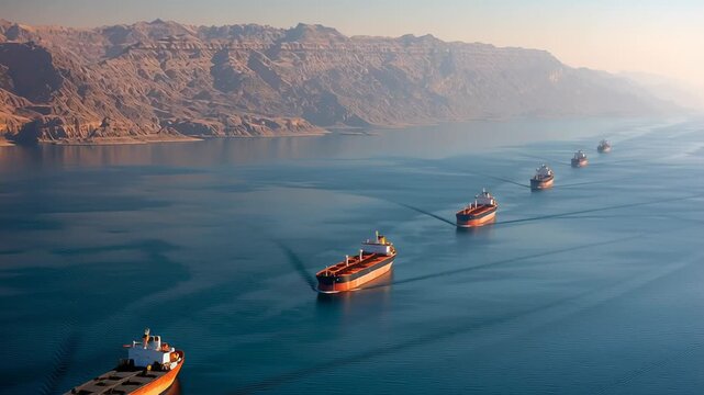 oil tanker convoy passing through Strait of Hormuz, long telephoto maritime shot, Sunlit ships glide along calm waters. Mountains frame distant shores in soft haze. Cargo vessels move in quiet 