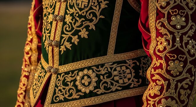 Festa di San Giovanni, Close-up detail of a traditional Renaissance flag thrower&rsquo;s velvet costume with intricate gold embroidery and silk textures