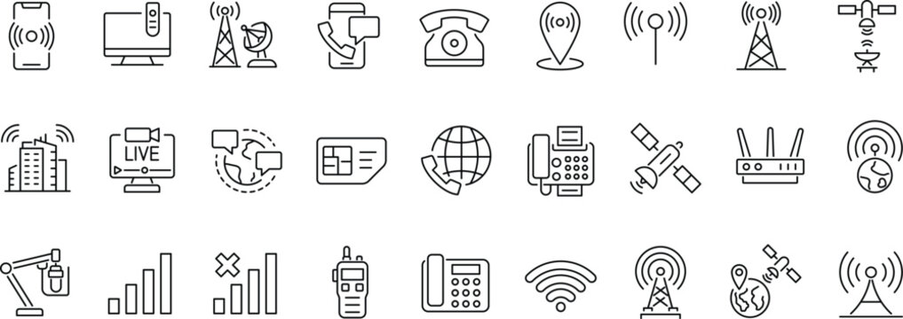 Set of outline icon related to communications, telecommunications. Linear icon collection. Editable stroke. Vector