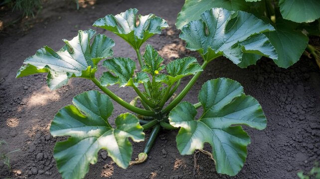 Healthy zucchini plant growing in dark soil with large green leaves