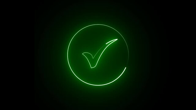 Glowing green neon check mark inside circle on dark background. Clean UI feedback animation for done, success and approval actions in apps, interfaces and digital presentations.