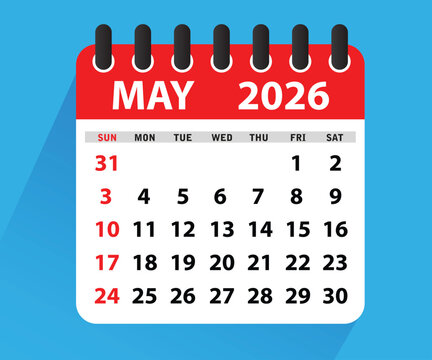 May 2026 Calendar Leaf. Calendar 2026 in flat style. May 2026 Calendar. Week starts on Sunday. Blank Calendar Template. Stationery Design. Vector Illustration