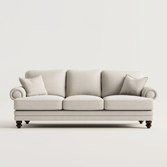 Fototapeta premium A comfortable light colored three seater sofa with decorative pillows sits on a white background