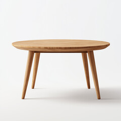 Fototapeta premium A round wooden coffee table with four tapered legs sits against a plain white background