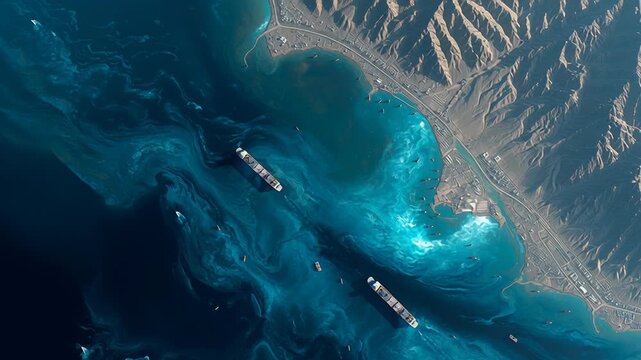 satellite style aerial view of ship traffic in Strait of Hormuz, strategic maritime chokepoint for global energy trade, ultra realistic earth observation, Two ships drift through swirling turquoise 