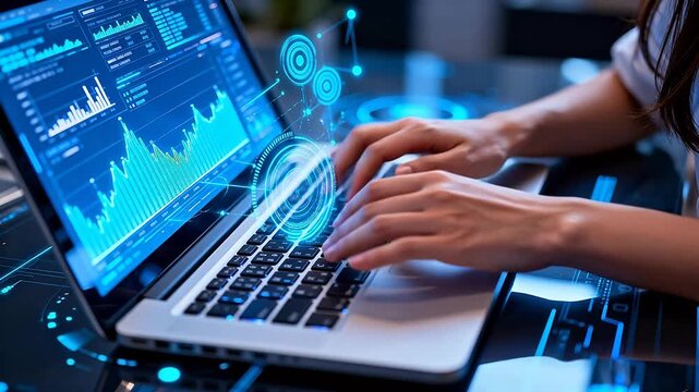 Person working on laptop with data charts