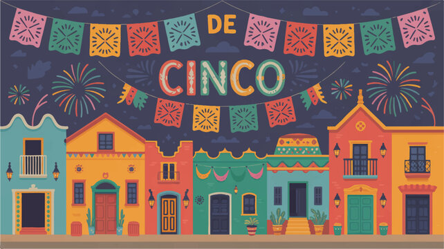 Vibrant cinco de mayo celebration background with colorful houses papel picado banners and fireworks at night