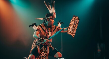 Plakat Gawai Dayak, a male dancer performing Tari Ngajat, holding a carved Telawang shield and Mandau sword