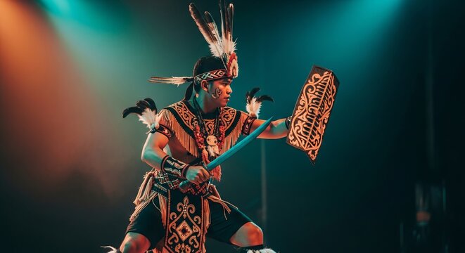 Gawai Dayak, a male dancer performing Tari Ngajat, holding a carved Telawang shield and Mandau sword