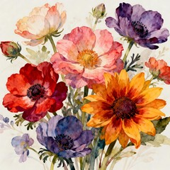 Fototapeta premium Watercolor Anemone and Daisy Bouquet Illustration