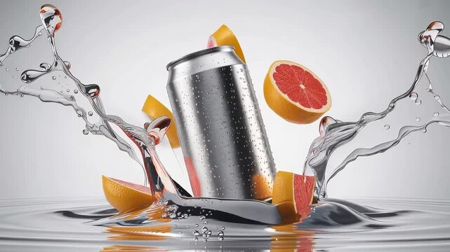 Metal can surrounded by grapefruit slices and water splashes on a reflective surface.