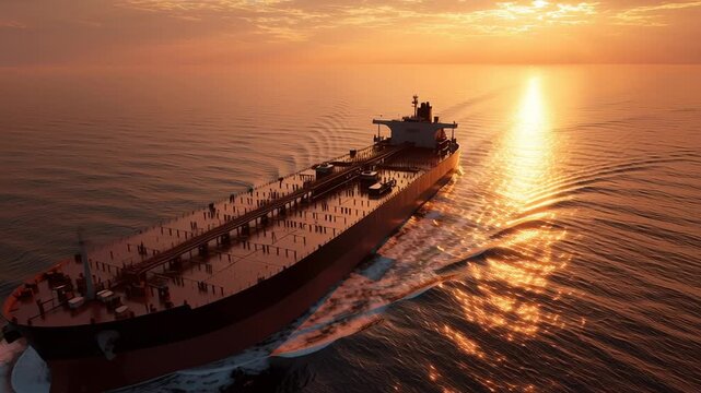 massive oil tanker sailing across Strait of Hormuz global energy chokepoint, golden sunset sky, Golden sun dips low, painting ocean in warm hues. Large tanker cuts through calm waters, leaving gentle 