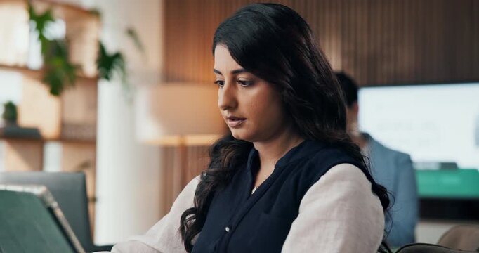 Serious, businesswoman and research with tablet, office and financial forecasting on web and review. Business analyst, online and person with tech for investment proposal, reading or idea for project