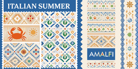 Italian summer themed collage with patterns crab and sun motifs © Bikas