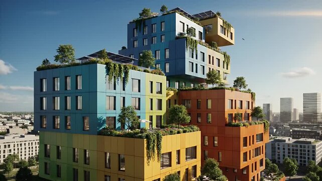 Modern Modular Architecture with Green Roofs - This vibrant video showcases a building with modular architecture, featuring diverse colorful sections.