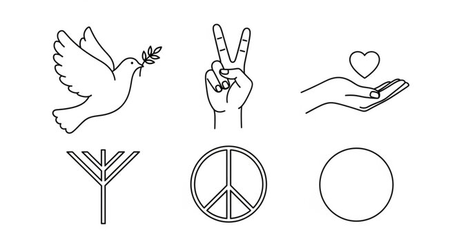 Collection of peace symbols and icons in line art style.