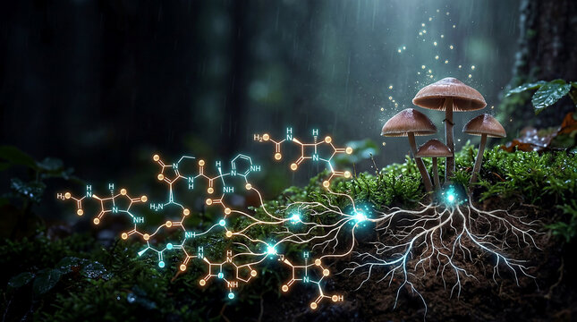 Mushroom mycelium network morphing into antibiotic molecular structure dark background rainy season