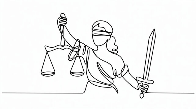 Justitia holding scales and sword in one line art style symbolizing law and justice with blindfold