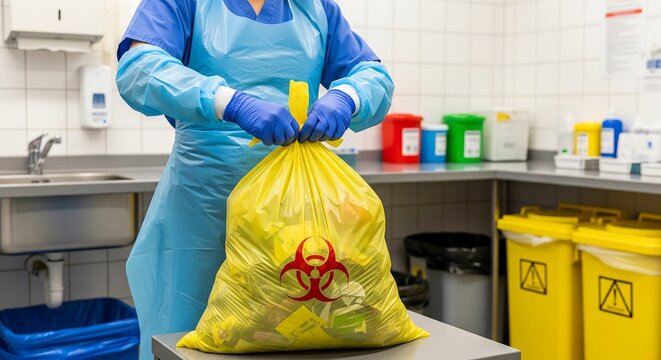 A person in protective gear ties a yellow biohazard bag filled with medical waste in a laboratory setting.