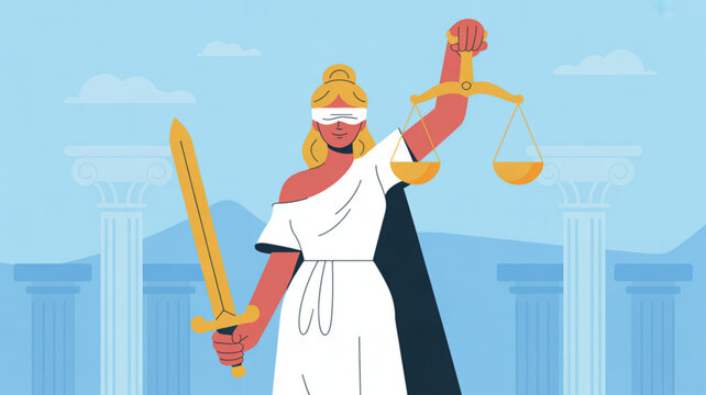 Justitia holding scales and sword in front of ancient columns representing law and justice