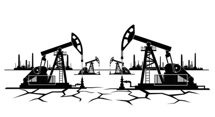 Oil pump jacks silhouette in a dry cracked landscape. © Mbemz
