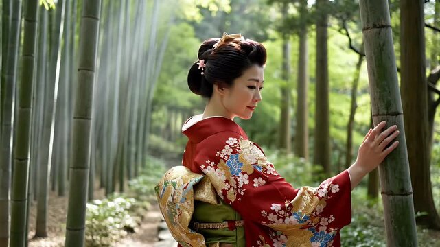Woman in Kimono in Bamboo Forest - A woman in a traditional red kimono stands in a bamboo forest, her hand gently resting on a bamboo stalk.