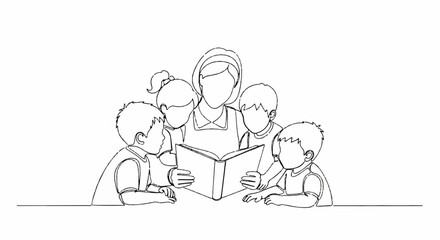 Fototapeta premium Family reading together parents and children looking at book learning education and bonding