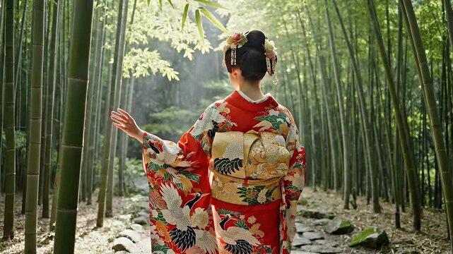 Woman in Kimono in Bamboo Forest - A woman wearing a traditional red kimono with crane patterns is walking in a lush bamboo forest. The scene evokes a sense of tranquility and cultural beauty.