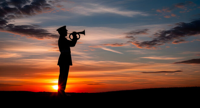 Silhouette of Military Bugler Playing Bugle at Sunset.
