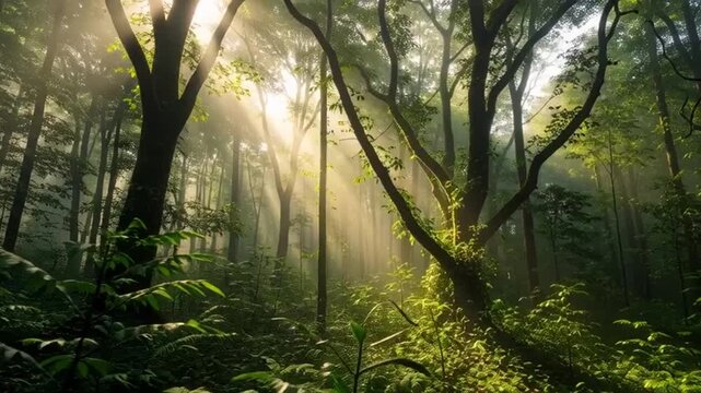 Serene forest with sunlit trees.