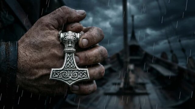 A hand grips a Thor's hammer pendant as lightning flashes in the dark sky. The setting appears to be a ship deck in a stormy environment, suitable for fantasy or historical themes