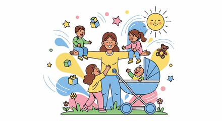 Fototapeta premium Happy family with children playing outside in sunshine with baby stroller and toys