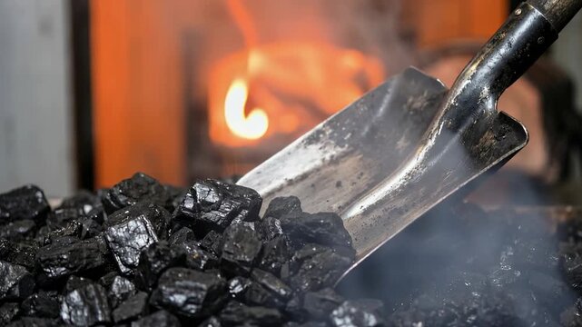 A shovel lifts coal from a black pile as flames glow from a furnace in the background. This imagery can be used in industrial, manufacturing, or energy-related projects