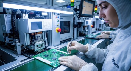 Naklejka premium A female technician wearing a white protective suit and gloves carefully inspects and adjusts a circuit board with a precision tool.