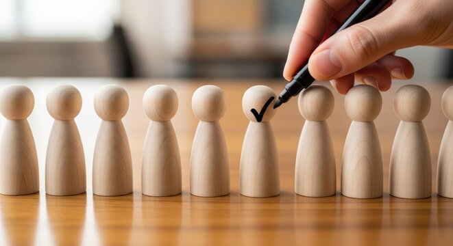 A person is marking a wooden pegman with a black marker. A row of wooden pegmen is arranged on a wooden table.