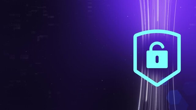 4K Purple Tech Cyber Insecurity. Neon Magenta Open Access Icon with Data Stream Mesh and Strategic Copy Space.