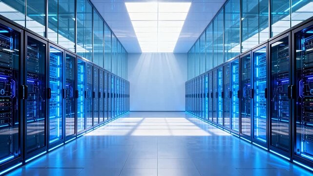 Server room with blue lighting