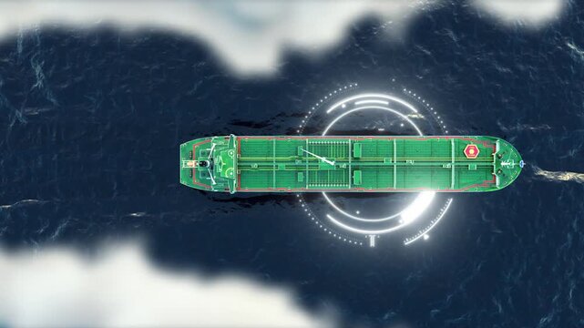 Aerial View of Large Green Cargo Ship Navigating Deep Blue Ocean Waters Surrounded by Digital Interface Graphics Symbolizing Technology and Innovation in Maritime Transport and Shipping Vessel Design