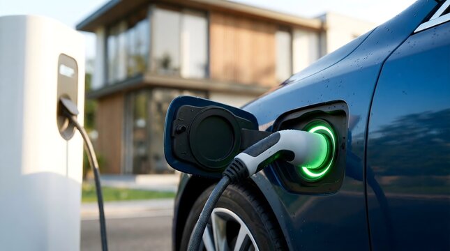 A blue electric car being charged at a white station in front of a modern house